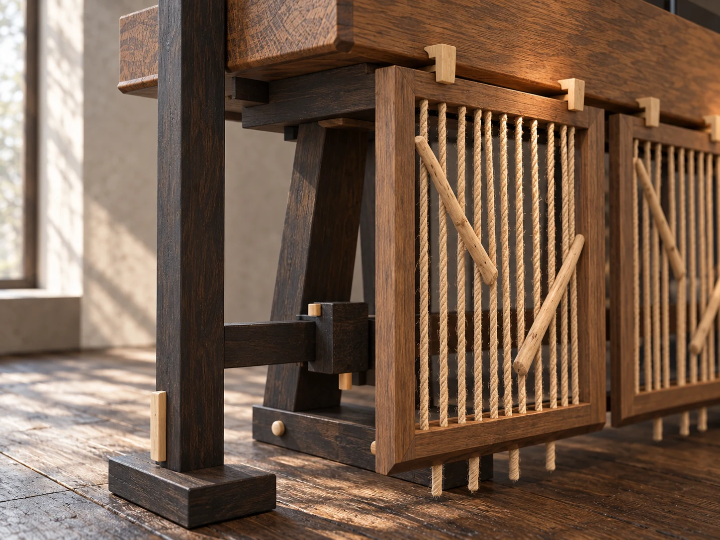 Close view of HARI’s rope, branch detail and wooden connections