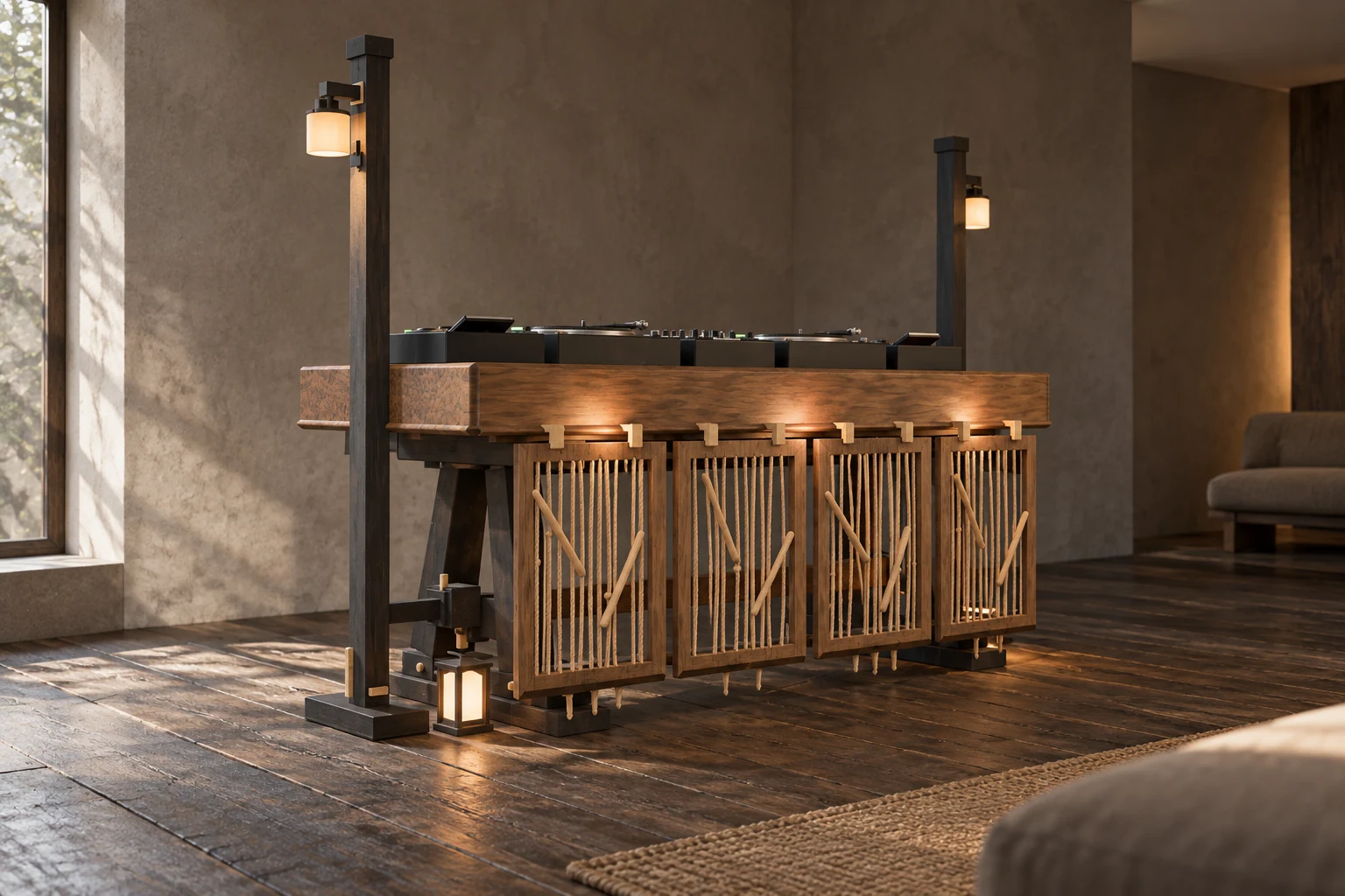HARI timber and rope DJ booth in a quiet listening-room visualization